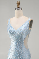 Laden Sie das Bild in den Galerie-Viewer, Blaues Bodycon-Korsett-Korsett-Cut-Out-Perlen-Hemdkehrkleid mit V-Ausschnitt