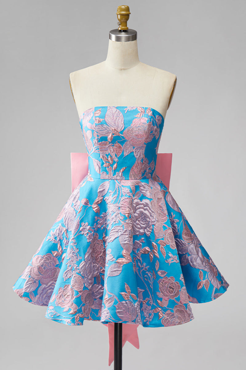 Laden Sie das Bild in den Galerie-Viewer, Blaues Jacquard A-Line trägerloses kurzes Homecoming-Kleid mit Schleife