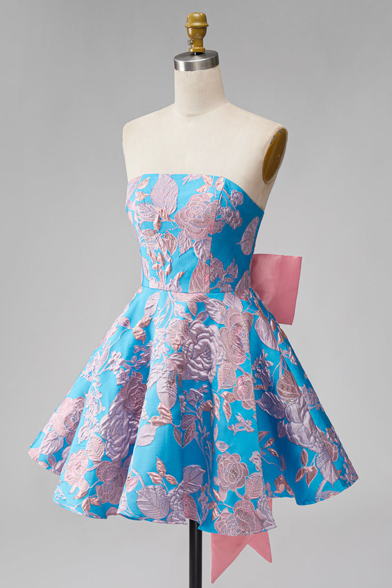 Laden Sie das Bild in den Galerie-Viewer, Blaues Jacquard A-Line trägerloses kurzes Homecoming-Kleid mit Schleife