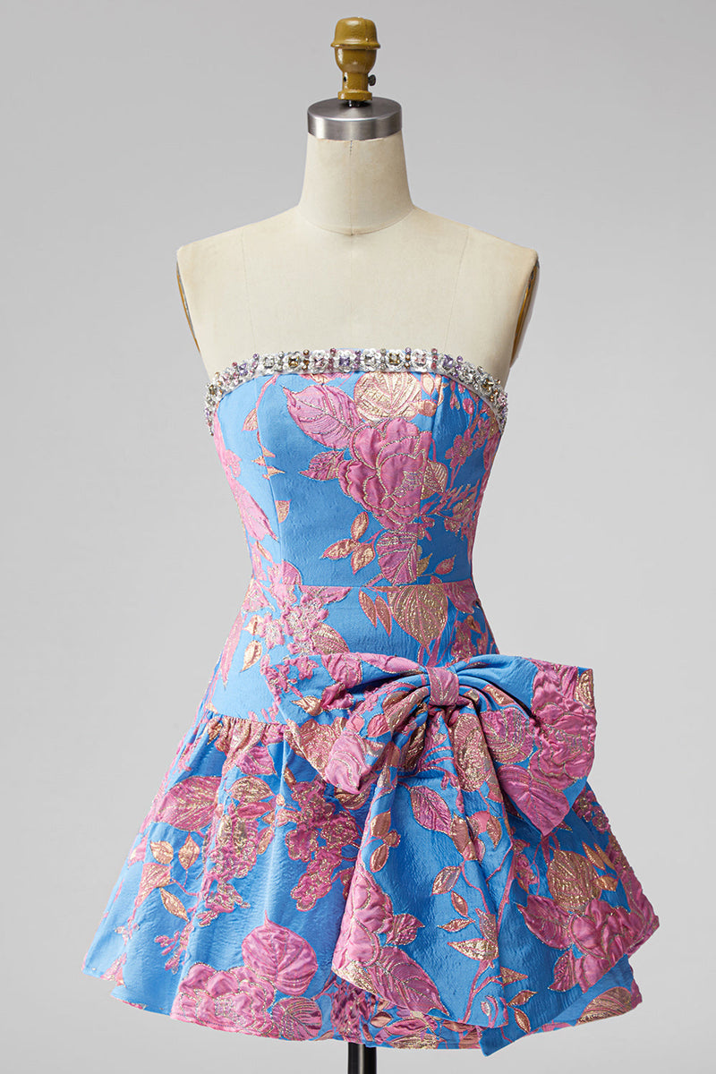 Laden Sie das Bild in den Galerie-Viewer, Jacquard Blaues Trägerloses Rüschendes A-Linie Kurzes Abendkleid mit Schleife