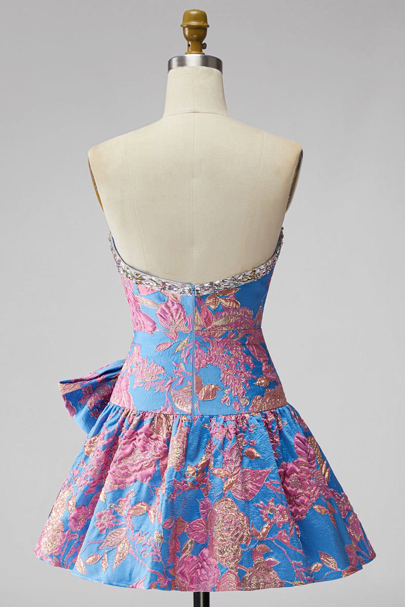 Laden Sie das Bild in den Galerie-Viewer, Jacquard Blaues Trägerloses Rüschendes A-Linie Kurzes Abendkleid mit Schleife