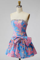 Laden Sie das Bild in den Galerie-Viewer, Jacquard Blaues Trägerloses Rüschendes A-Linie Kurzes Abendkleid mit Schleife