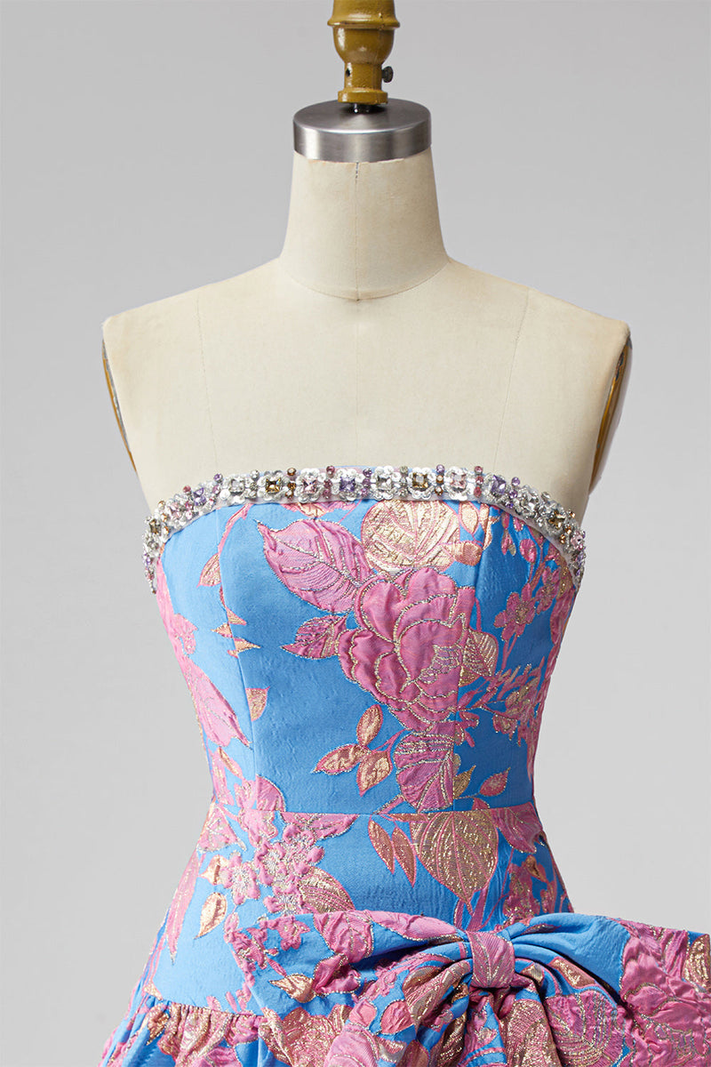Laden Sie das Bild in den Galerie-Viewer, Jacquard Blaues Trägerloses Rüschendes A-Linie Kurzes Abendkleid mit Schleife