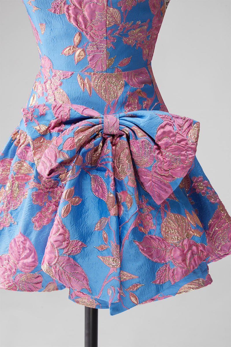 Laden Sie das Bild in den Galerie-Viewer, Jacquard Blaues Trägerloses Rüschendes A-Linie Kurzes Abendkleid mit Schleife