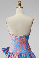 Laden Sie das Bild in den Galerie-Viewer, Jacquard Blaues Trägerloses Rüschendes A-Linie Kurzes Abendkleid mit Schleife