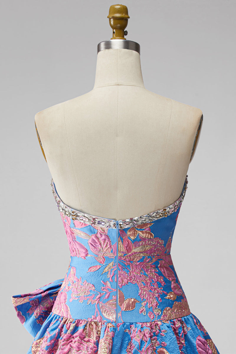 Laden Sie das Bild in den Galerie-Viewer, Jacquard Blaues Trägerloses Rüschendes A-Linie Kurzes Abendkleid mit Schleife