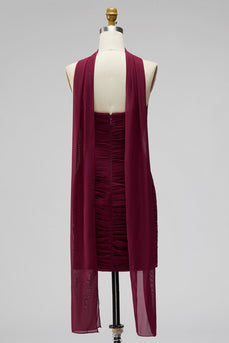 Burgunderrotes Gerafftes Trägerloses Bodycon Chiffon Kurzes Abendkleid mit drapiertem Halsband