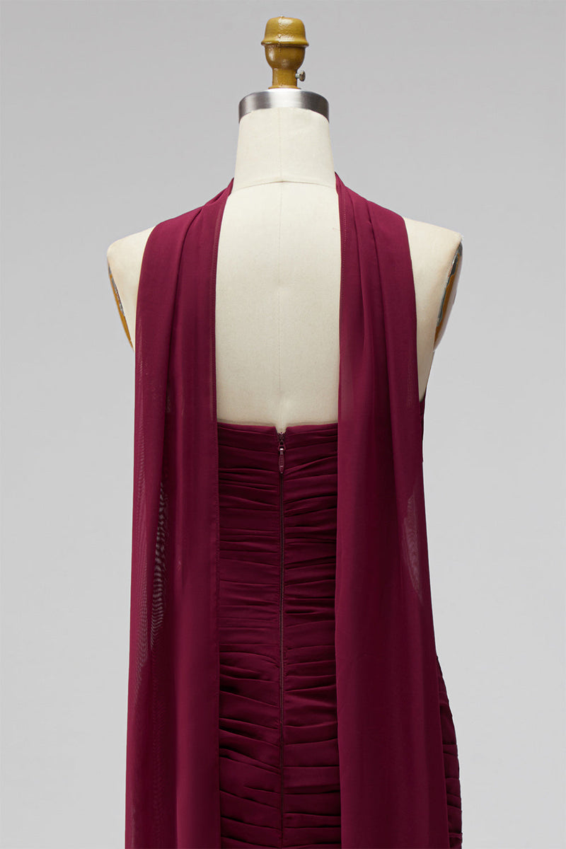 Laden Sie das Bild in den Galerie-Viewer, Burgunderrotes, gerafftes, trägerloses, bodycon Chiffon Kurzes Homecoming-Kleid mit drapiertem Halsband