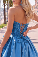 Laden Sie das Bild in den Galerie-Viewer, A-Linie Dunkelblaues Trägerloses Korsett Strass Kurzes Abendkleid und 3D-Blume