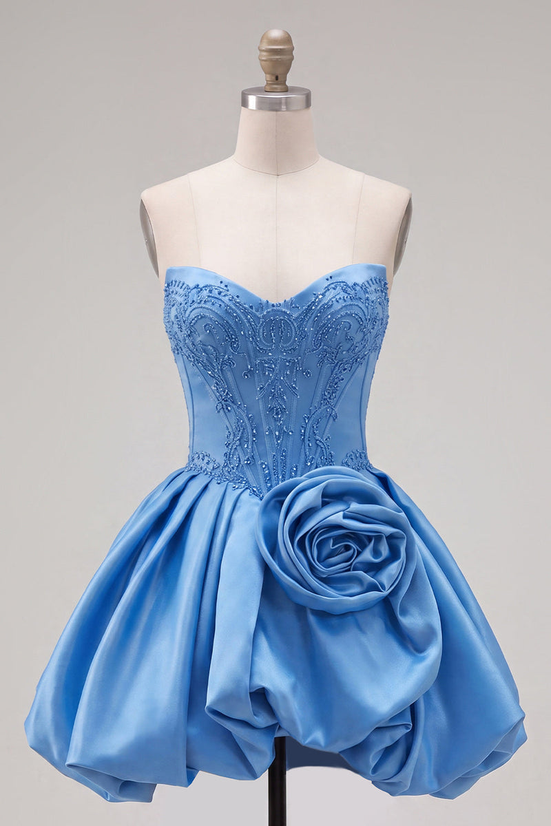 Laden Sie das Bild in den Galerie-Viewer, A-Linie dunkelblaues, trägerloses, mit Korsett-Perlen-Homecoming-Kleid und 3D-Blume