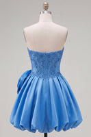 Laden Sie das Bild in den Galerie-Viewer, A-Linie dunkelblaues, trägerloses, mit Korsett-Perlen-Homecoming-Kleid und 3D-Blume