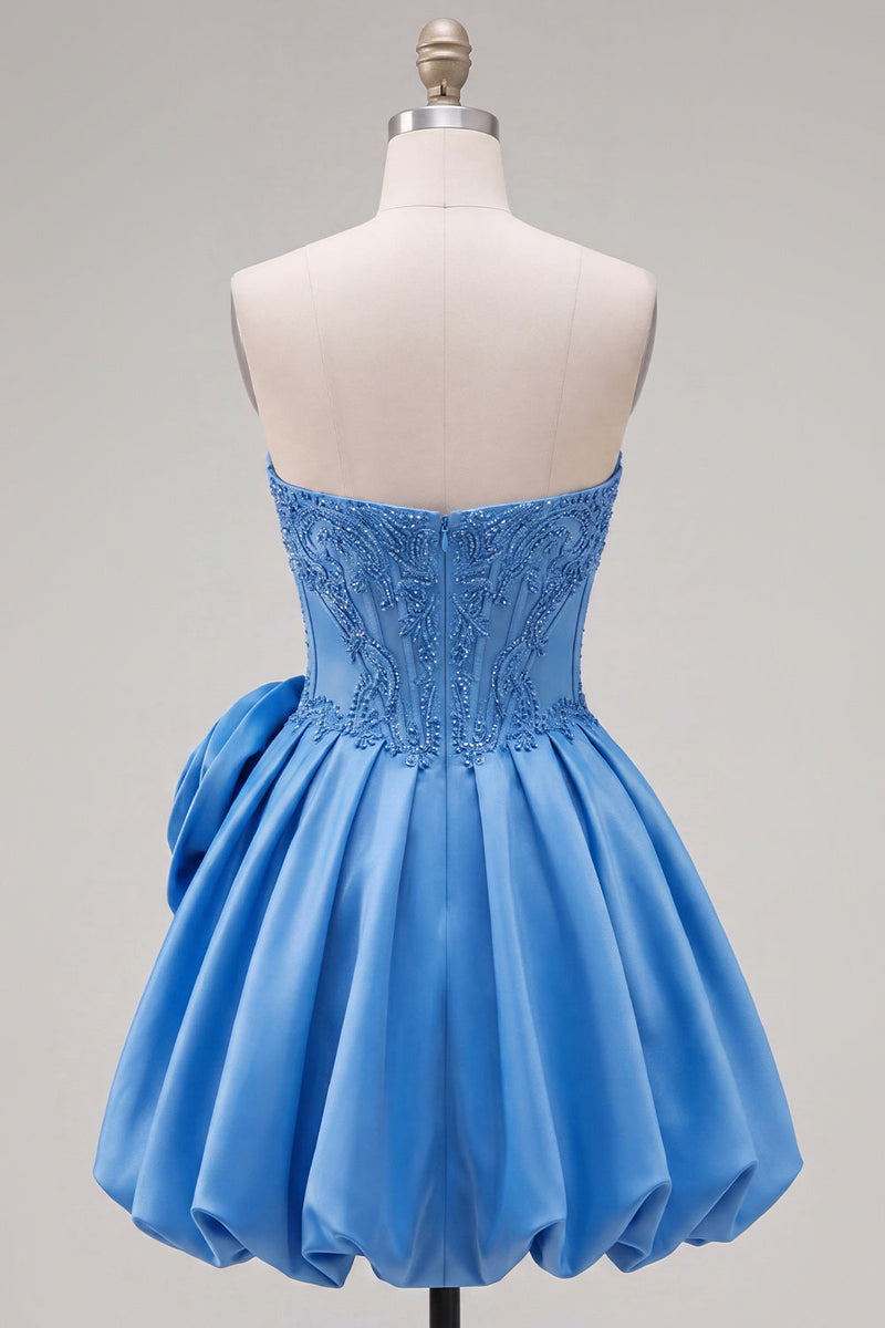 Laden Sie das Bild in den Galerie-Viewer, A-Linie dunkelblaues, trägerloses, mit Korsett-Perlen-Homecoming-Kleid und 3D-Blume