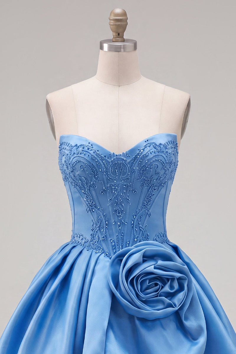 Laden Sie das Bild in den Galerie-Viewer, A-Linie dunkelblaues, trägerloses, mit Korsett-Perlen-Homecoming-Kleid und 3D-Blume