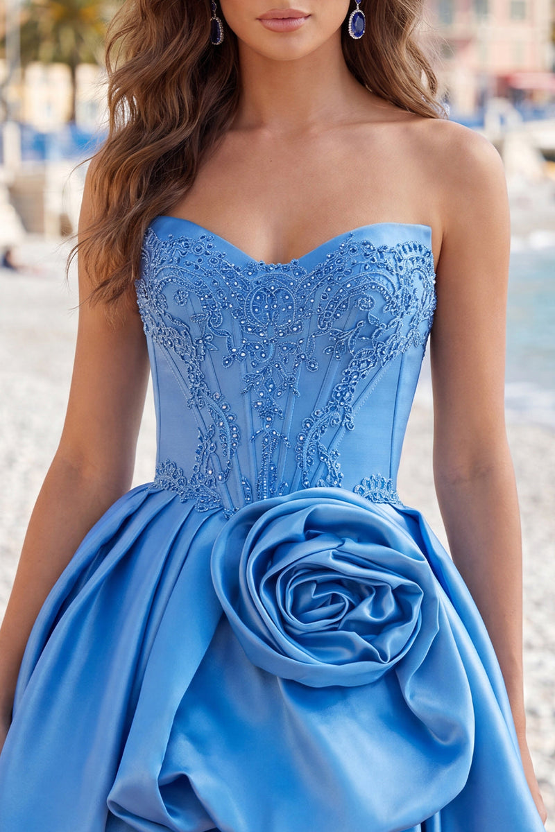 Laden Sie das Bild in den Galerie-Viewer, A-Linie dunkelblaues, trägerloses, mit Korsett-Perlen-Homecoming-Kleid und 3D-Blume