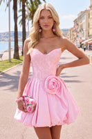 Laden Sie das Bild in den Galerie-Viewer, A-Linie Dunkelblaues Trägerloses Korsett Strass Kurzes Abendkleid und 3D-Blume