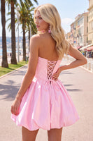 Laden Sie das Bild in den Galerie-Viewer, A-Linie Dunkelblaues Trägerloses Korsett Strass Kurzes Abendkleid und 3D-Blume