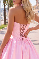 Laden Sie das Bild in den Galerie-Viewer, A-Linie Dunkelblaues Trägerloses Korsett Strass Kurzes Abendkleid und 3D-Blume