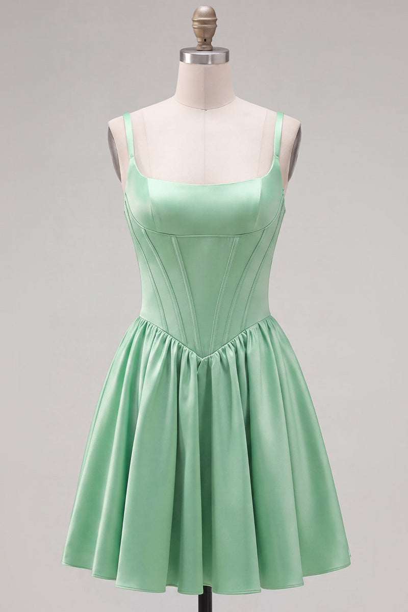 Laden Sie das Bild in den Galerie-Viewer, A-Linie fuchsiafarbenes, quadrathalsiges Korsett-Satin-Homecoming-Kleid