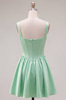 Laden Sie das Bild in den Galerie-Viewer, A-Linie fuchsiafarbenes, quadrathalsiges Korsett-Satin-Homecoming-Kleid