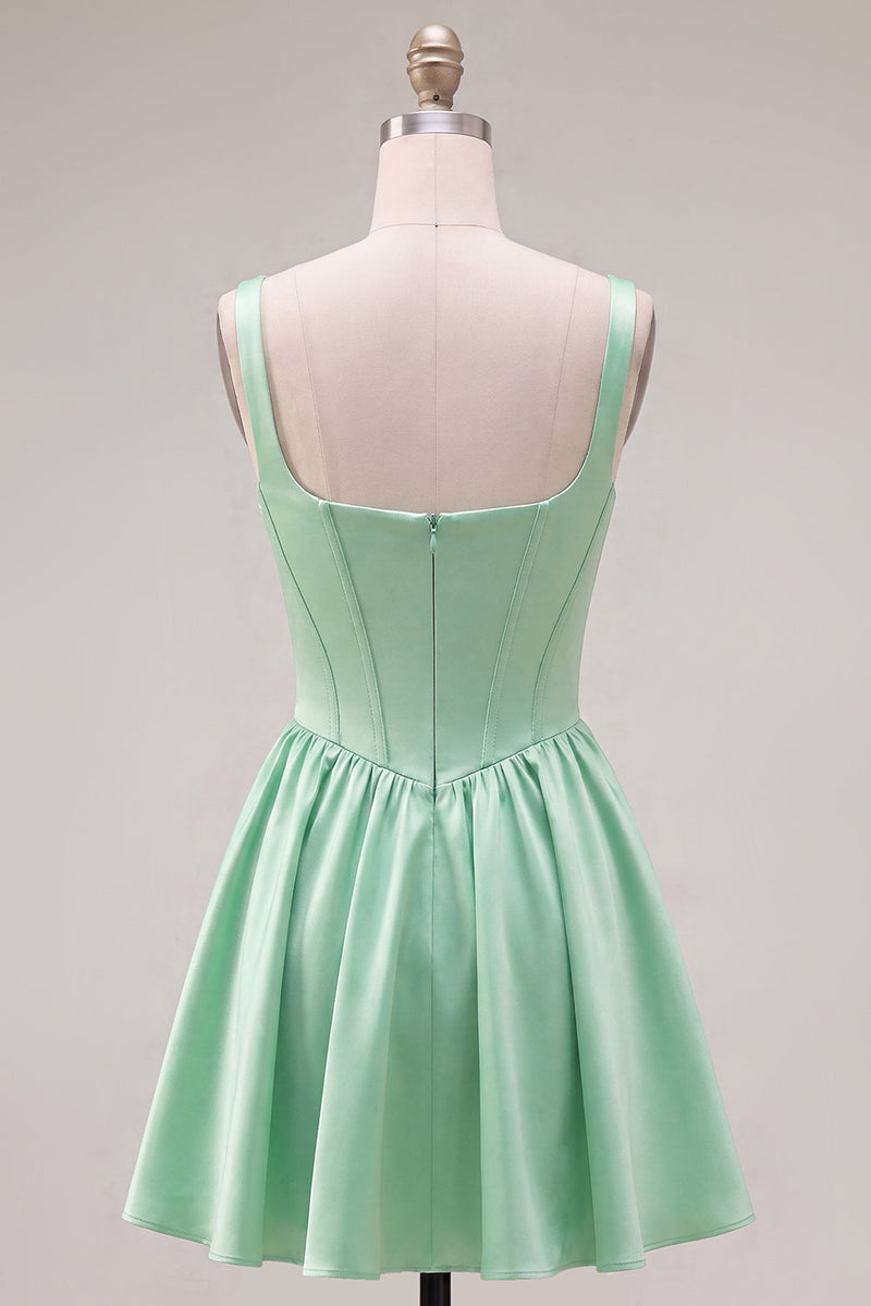 Laden Sie das Bild in den Galerie-Viewer, A-Linie fuchsiafarbenes, quadrathalsiges Korsett-Satin-Homecoming-Kleid