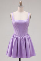 Laden Sie das Bild in den Galerie-Viewer, A-Linie fuchsiafarbenes, quadrathalsiges Korsett-Satin-Homecoming-Kleid