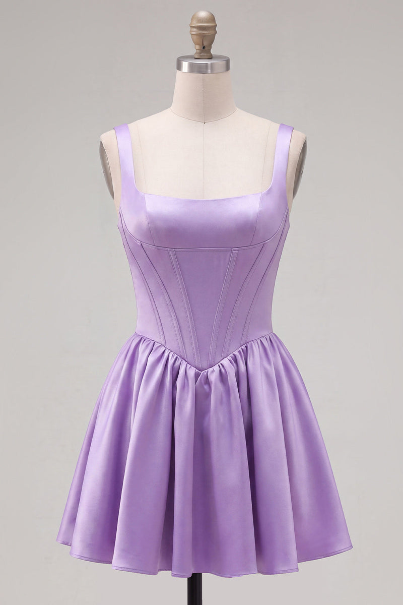 Laden Sie das Bild in den Galerie-Viewer, A-Linie fuchsiafarbenes, quadrathalsiges Korsett-Satin-Homecoming-Kleid