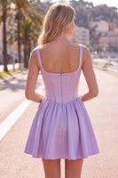 Laden Sie das Bild in den Galerie-Viewer, A-Linie fuchsiafarbenes, quadrathalsiges Korsett-Satin-Homecoming-Kleid