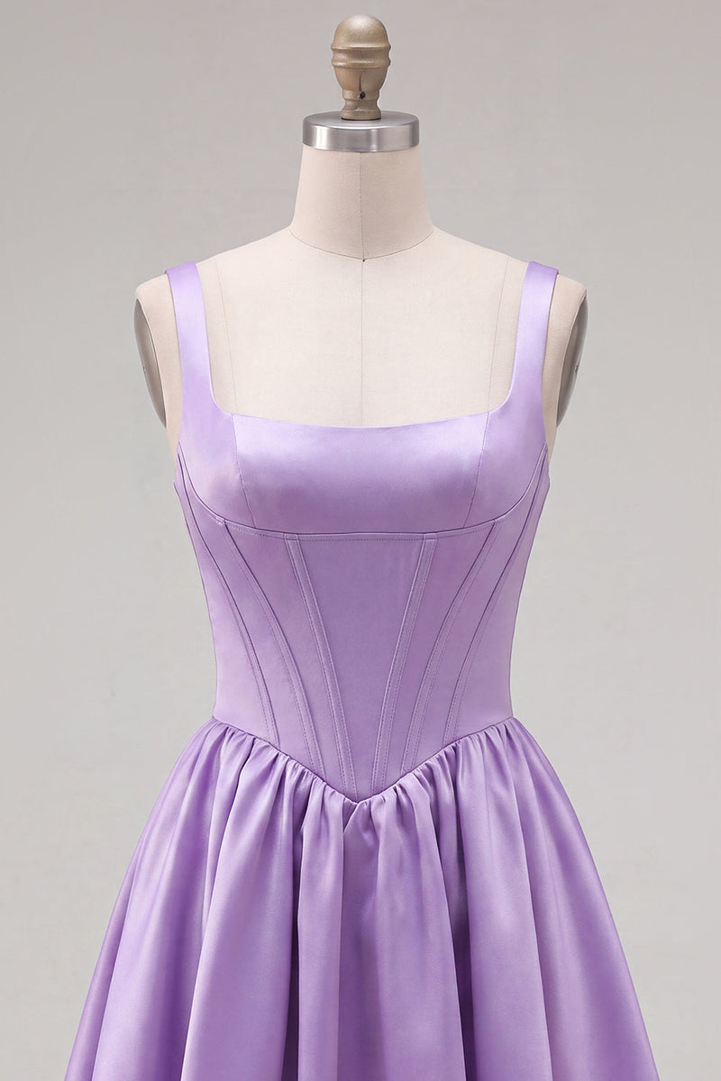 Laden Sie das Bild in den Galerie-Viewer, A-Linie fuchsiafarbenes, quadrathalsiges Korsett-Satin-Homecoming-Kleid