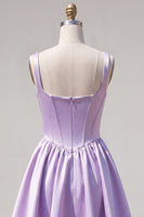 Laden Sie das Bild in den Galerie-Viewer, A-Linie fuchsiafarbenes, quadrathalsiges Korsett-Satin-Homecoming-Kleid