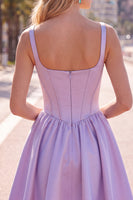 Laden Sie das Bild in den Galerie-Viewer, A-Linie fuchsiafarbenes, quadrathalsiges Korsett-Satin-Homecoming-Kleid