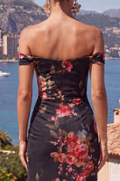 Laden Sie das Bild in den Galerie-Viewer, Schwarze rote Blüte, schulterloses Meerjungfrauen-Maxikleid mit Schlitz