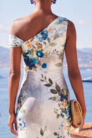 Laden Sie das Bild in den Galerie-Viewer, Weiß-Blau-Blumen-Einschulter-Bodycon gerafftes Midi-Kleid