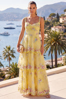 Laden Sie das Bild in den Galerie-Viewer, A-Linie gelbes Maxi-Floralkleid mit dicken Trägern und gestuften Pailletten