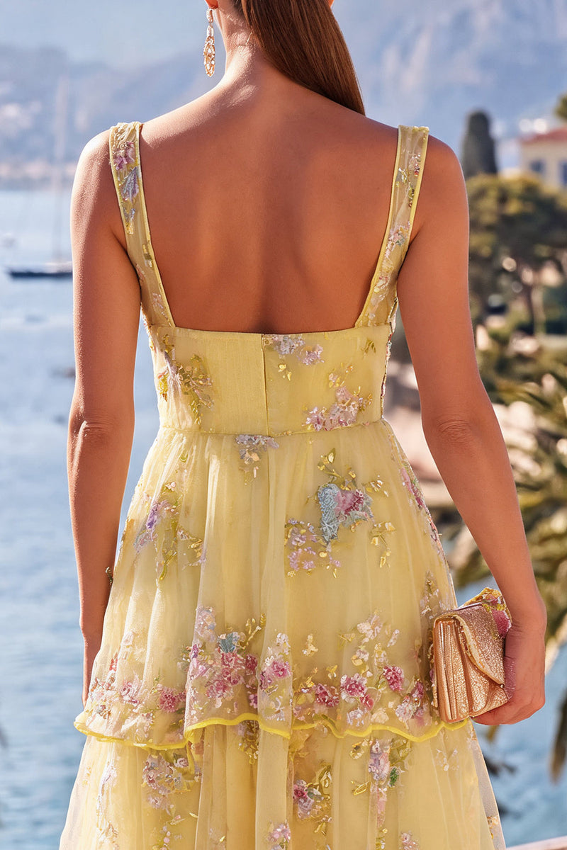 Laden Sie das Bild in den Galerie-Viewer, A-Linie gelbes Maxi-Floralkleid mit dicken Trägern und gestuften Pailletten
