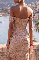 Laden Sie das Bild in den Galerie-Viewer, Off-the-shoulder Maxikleid mit Champagnerperlen und Schlitz