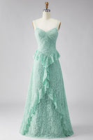 Laden Sie das Bild in den Galerie-Viewer, A-Linie Mint Spaghetti-Träger Spitzen Maxi Blumen Hochzeitsgast Kleid mit Rüschen