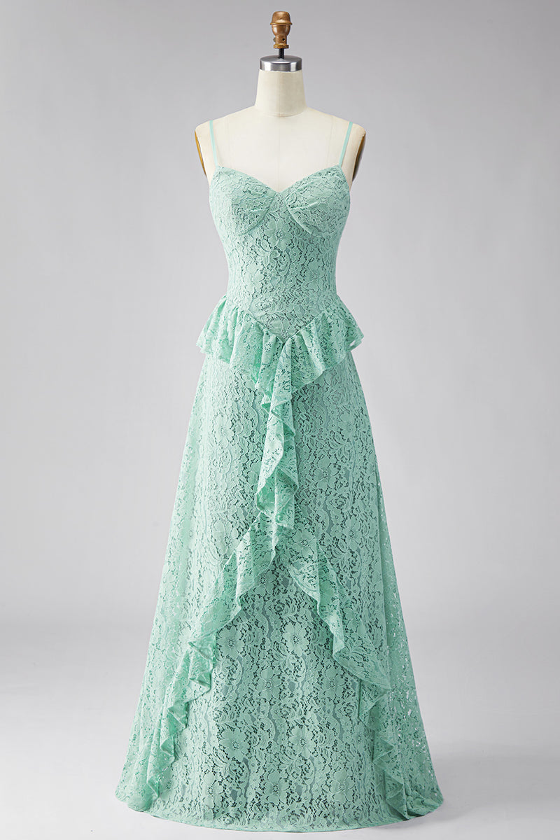 Laden Sie das Bild in den Galerie-Viewer, A-Linie Mint Spaghetti-Träger Spitzen Maxi Blumen Hochzeitsgast Kleid mit Rüschen