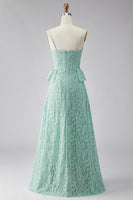 Laden Sie das Bild in den Galerie-Viewer, A-Linie Mint Spaghetti-Träger Spitzen Maxi Blumen Hochzeitsgast Kleid mit Rüschen