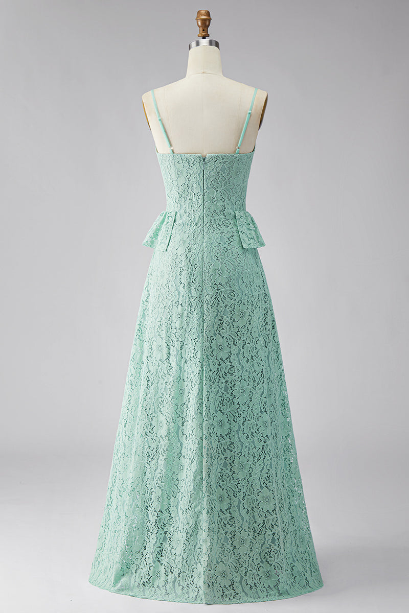 Laden Sie das Bild in den Galerie-Viewer, A-Linie Mint Spaghetti-Träger Spitzen Maxi Blumen Hochzeitsgast Kleid mit Rüschen