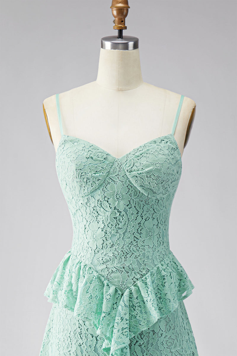 Laden Sie das Bild in den Galerie-Viewer, A-Linie Mint Spaghetti-Träger Spitzen Maxi Blumen Hochzeitsgast Kleid mit Rüschen