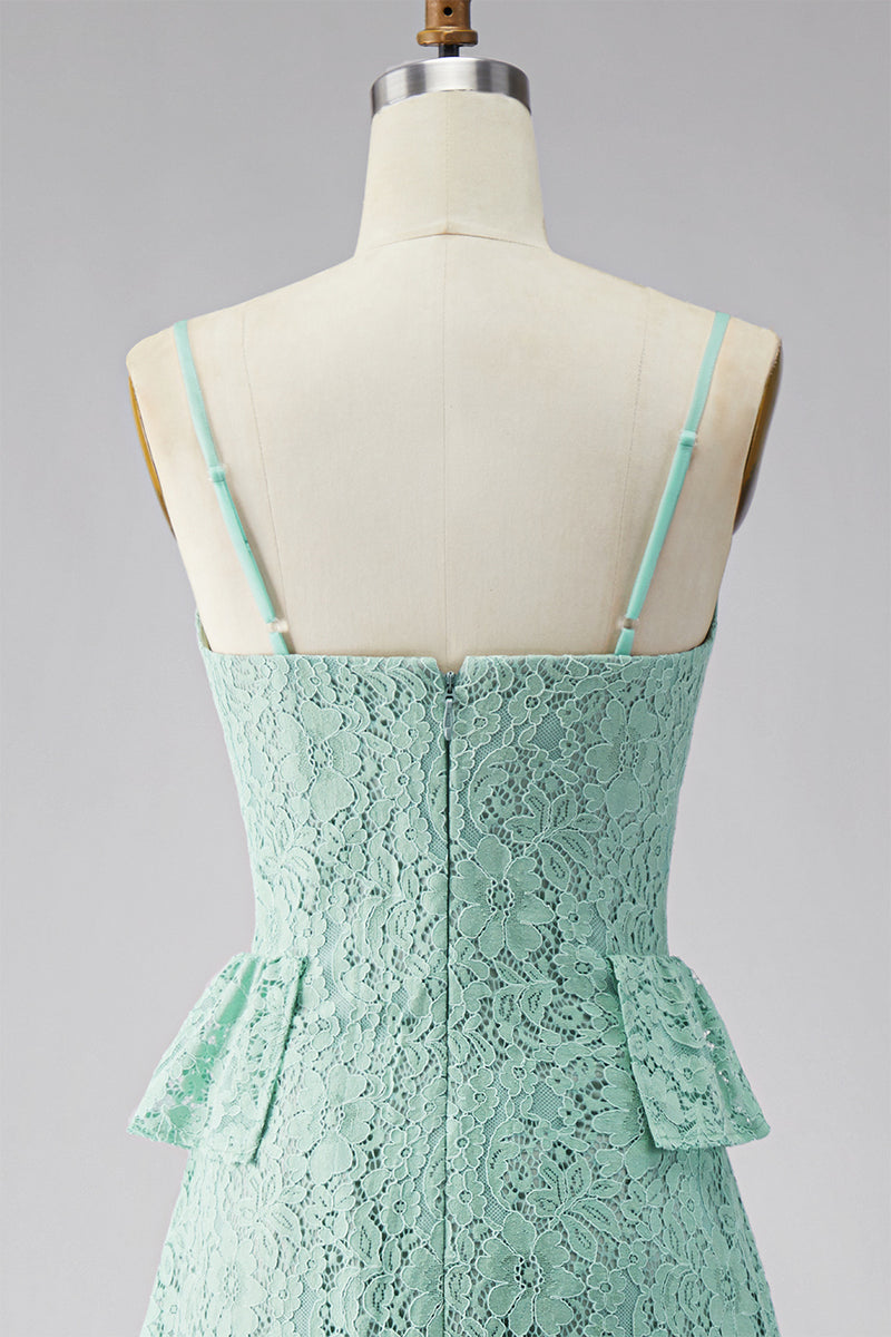 Laden Sie das Bild in den Galerie-Viewer, A-Linie Mint Spaghetti-Träger Spitzen Maxi Blumen Hochzeitsgast Kleid mit Rüschen