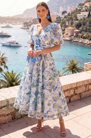 Laden Sie das Bild in den Galerie-Viewer, A-Linie blaues V-Ausschnitt-Midi-Floralkleid mit Puffärmeln