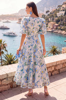 Laden Sie das Bild in den Galerie-Viewer, A-Linie blaues V-Ausschnitt-Midi-Floralkleid mit Puffärmeln
