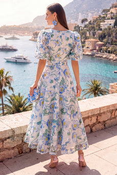 A-Linie Blaues V-Ausschnitt Midi Floralkleid mit Puffärmeln