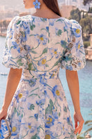 Laden Sie das Bild in den Galerie-Viewer, A-Linie blaues V-Ausschnitt-Midi-Floralkleid mit Puffärmeln
