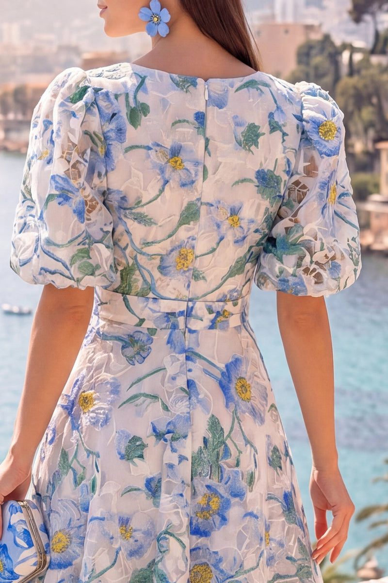 Laden Sie das Bild in den Galerie-Viewer, A-Linie blaues V-Ausschnitt-Midi-Floralkleid mit Puffärmeln