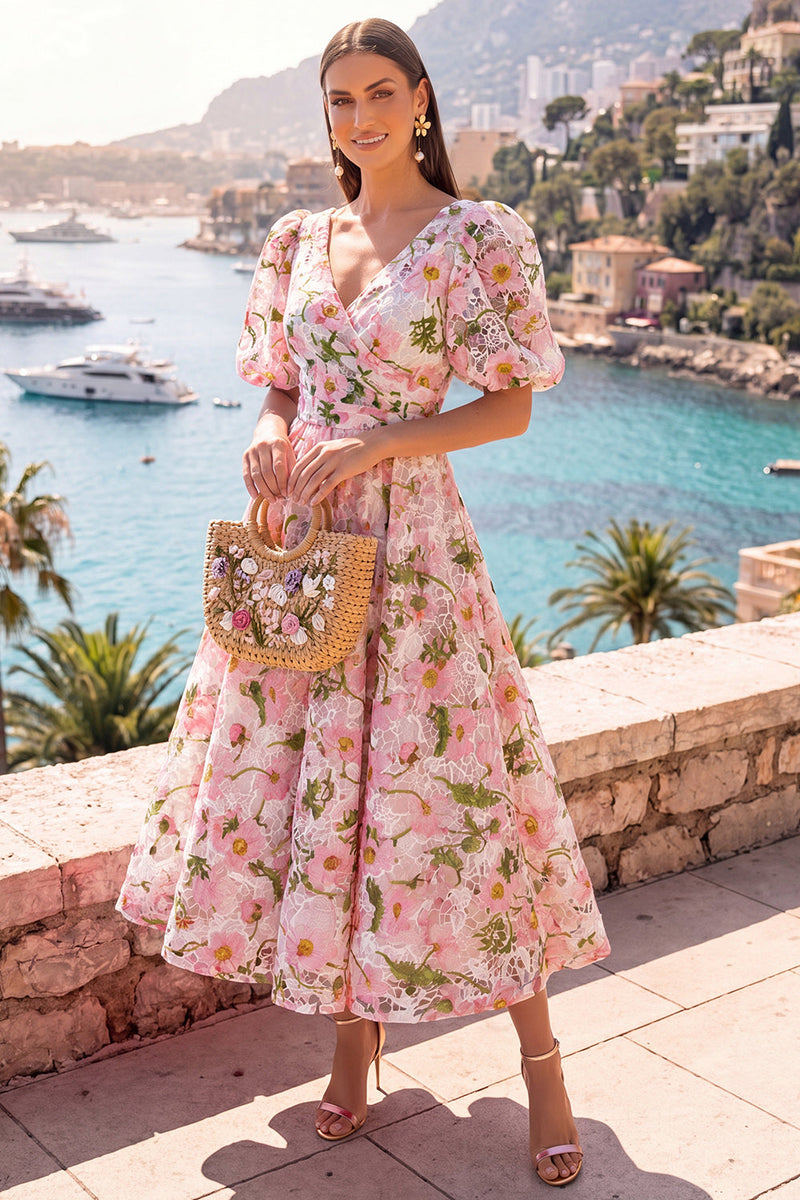 Laden Sie das Bild in den Galerie-Viewer, A-Linie blaues V-Ausschnitt-Midi-Floralkleid mit Puffärmeln