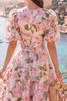 Laden Sie das Bild in den Galerie-Viewer, A-Linie blaues V-Ausschnitt-Midi-Floralkleid mit Puffärmeln