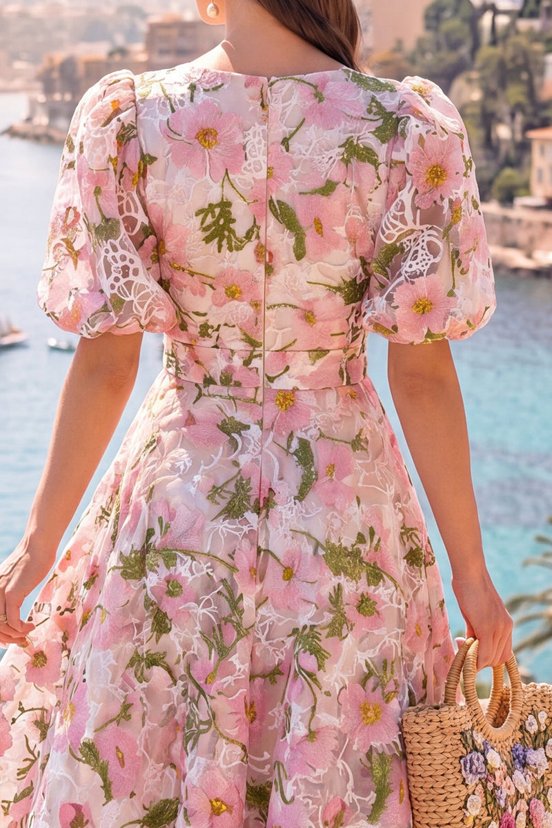 Laden Sie das Bild in den Galerie-Viewer, A-Linie blaues V-Ausschnitt-Midi-Floralkleid mit Puffärmeln