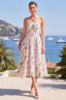Laden Sie das Bild in den Galerie-Viewer, Rosa A-Linie trägerloses Midi-Blumenkleid